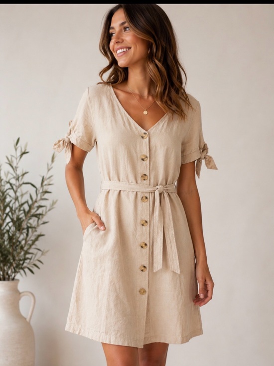Jennifer & Grace Dresses & Skirts - Jennifer &Grace Women's Beige Button-Front Linen Dress with Tie Sleeves